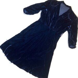 Vtg 40s 50s Blue Silk Velvet Rockabilly Retro Pinup Swing Tea Holiday Party Dres